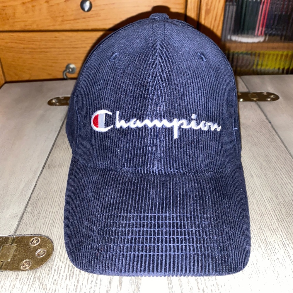 Champion Mens Navy Blue Corduroy Hat with Brown Leather Strap